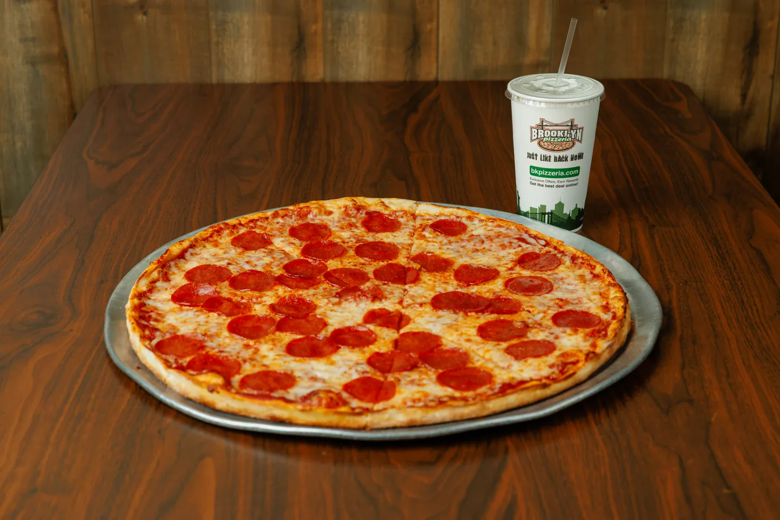 A Brooklyn Pizzeria pepperoni pizza, fresh from the oven