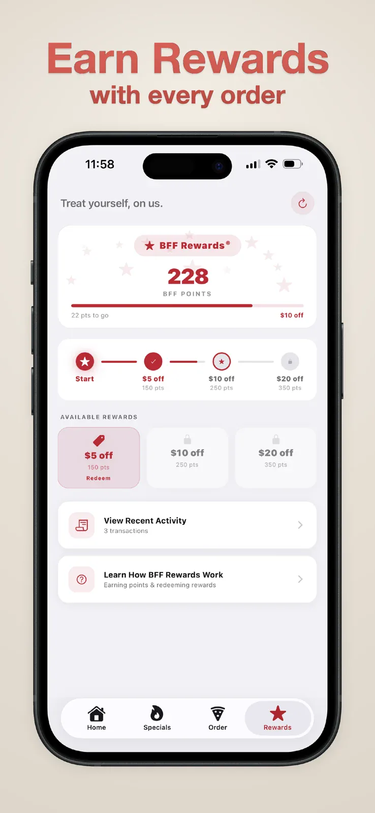 Brooklyn Pizzeria app showing points, reward progress and activity