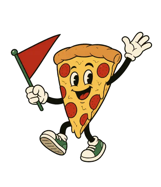 Brooklyn Pizzeria Spirit Night pizza mascot waving a flag