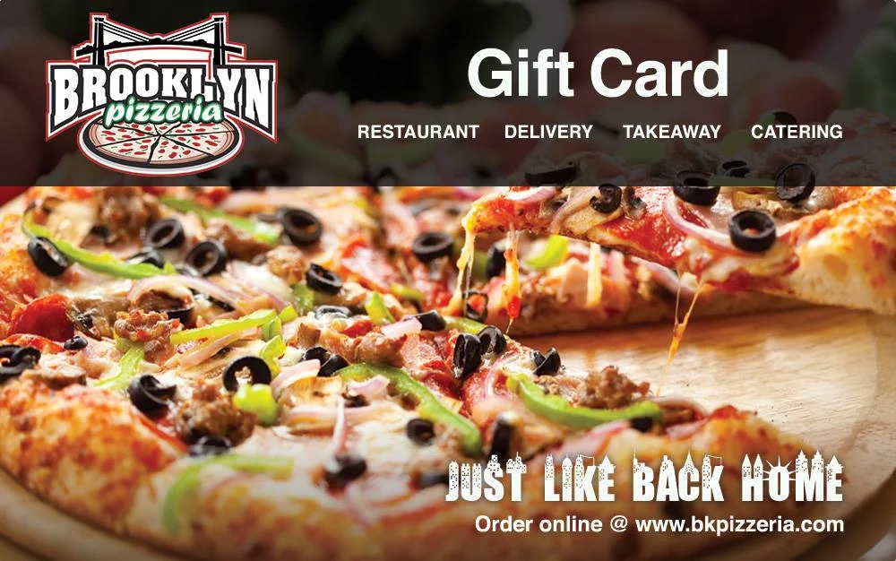Brooklyn Pizzeria gift card featuring our New York-style pizza