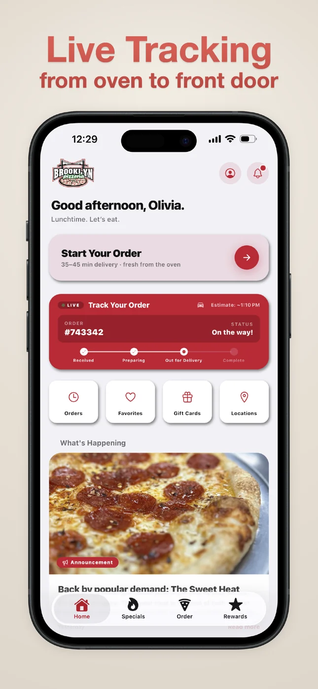 Brooklyn Pizzeria app live order tracking screen