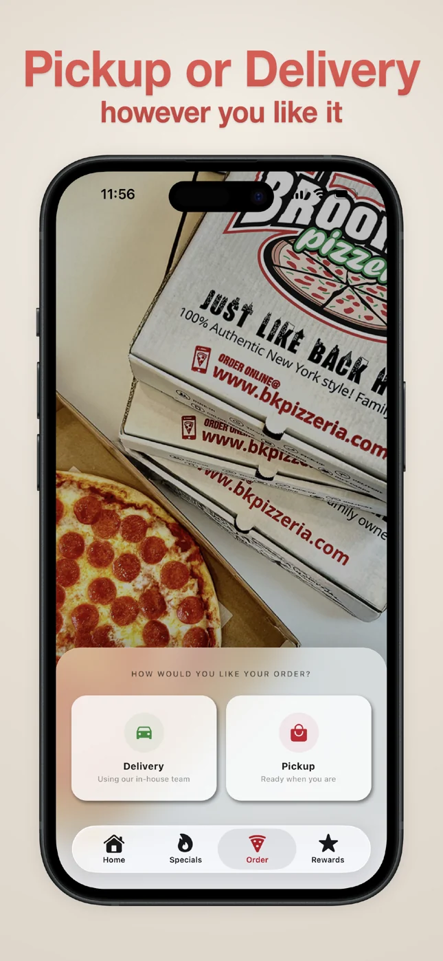 Brooklyn Pizzeria app pickup and delivery ordering screen